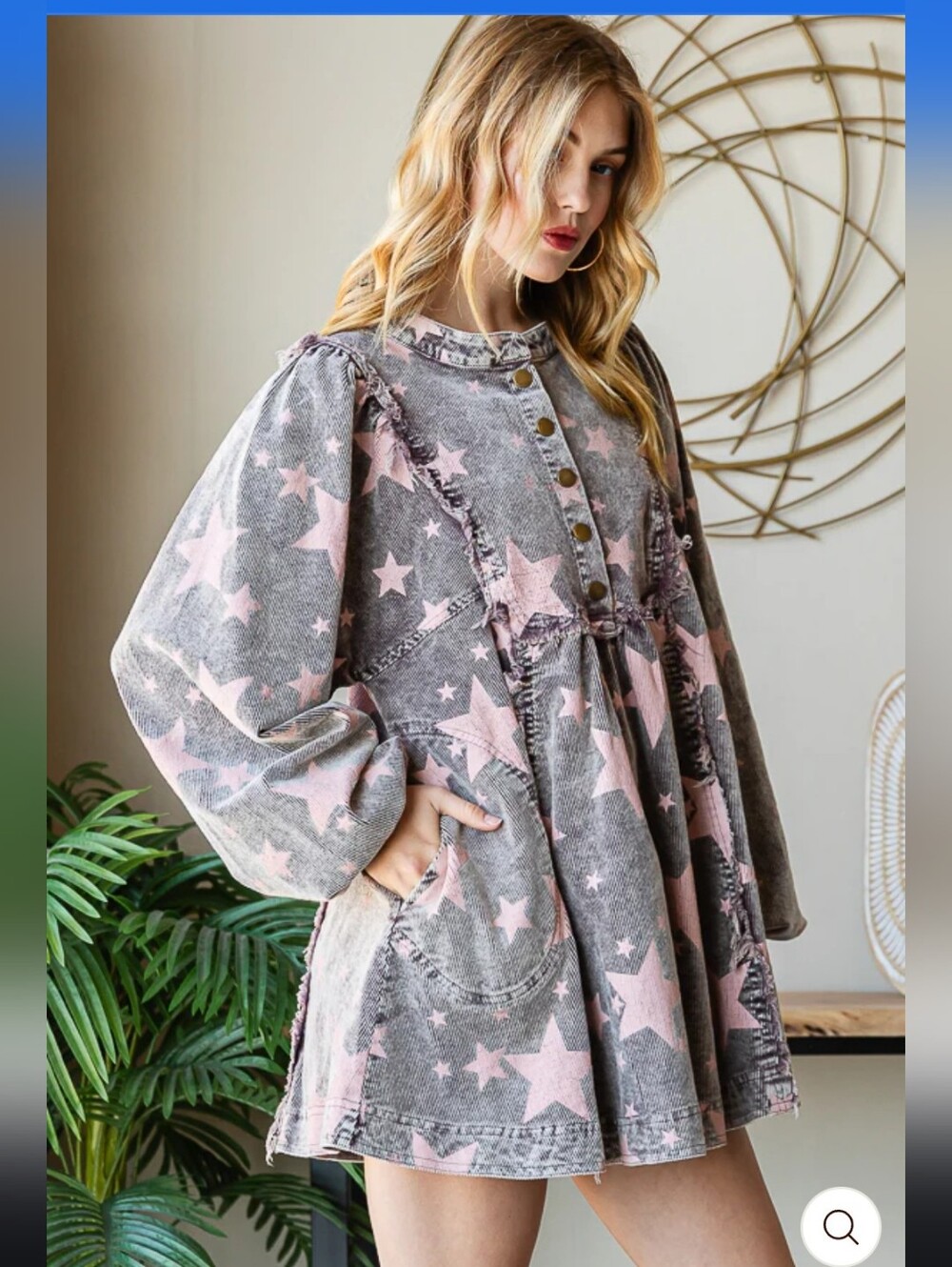 #294. Oli&Hali Wash Star Printed Peplum Corduroy Babydoll Top - Picture 4 of 8